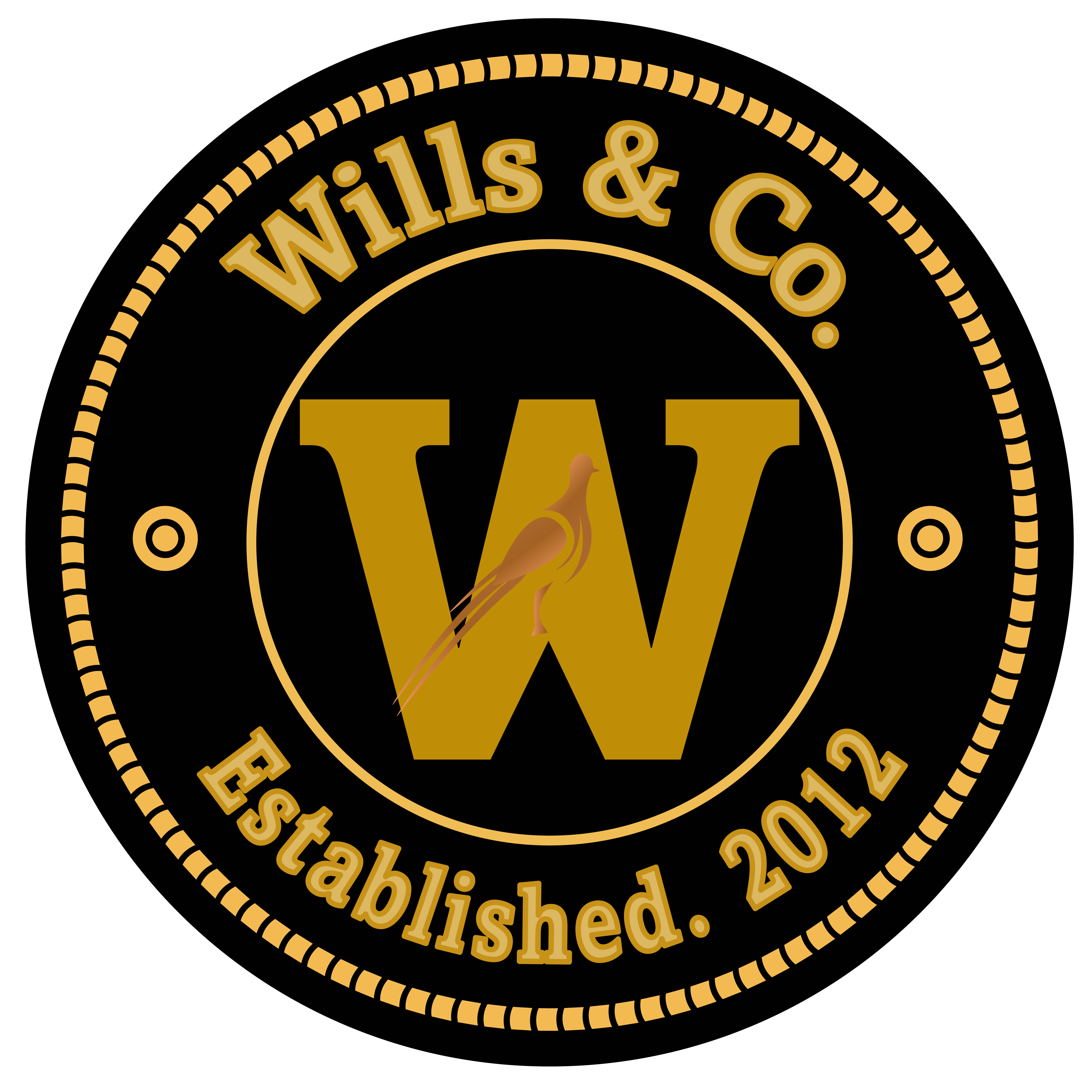 The logo is a circle with a large W in the center.  A Pheasant is transposed atop of the centered W. The color pallet is Black mustard and tan.  Wills & Co. and Established 2012 surround the Centered W.  small squares surround the later the wording.  