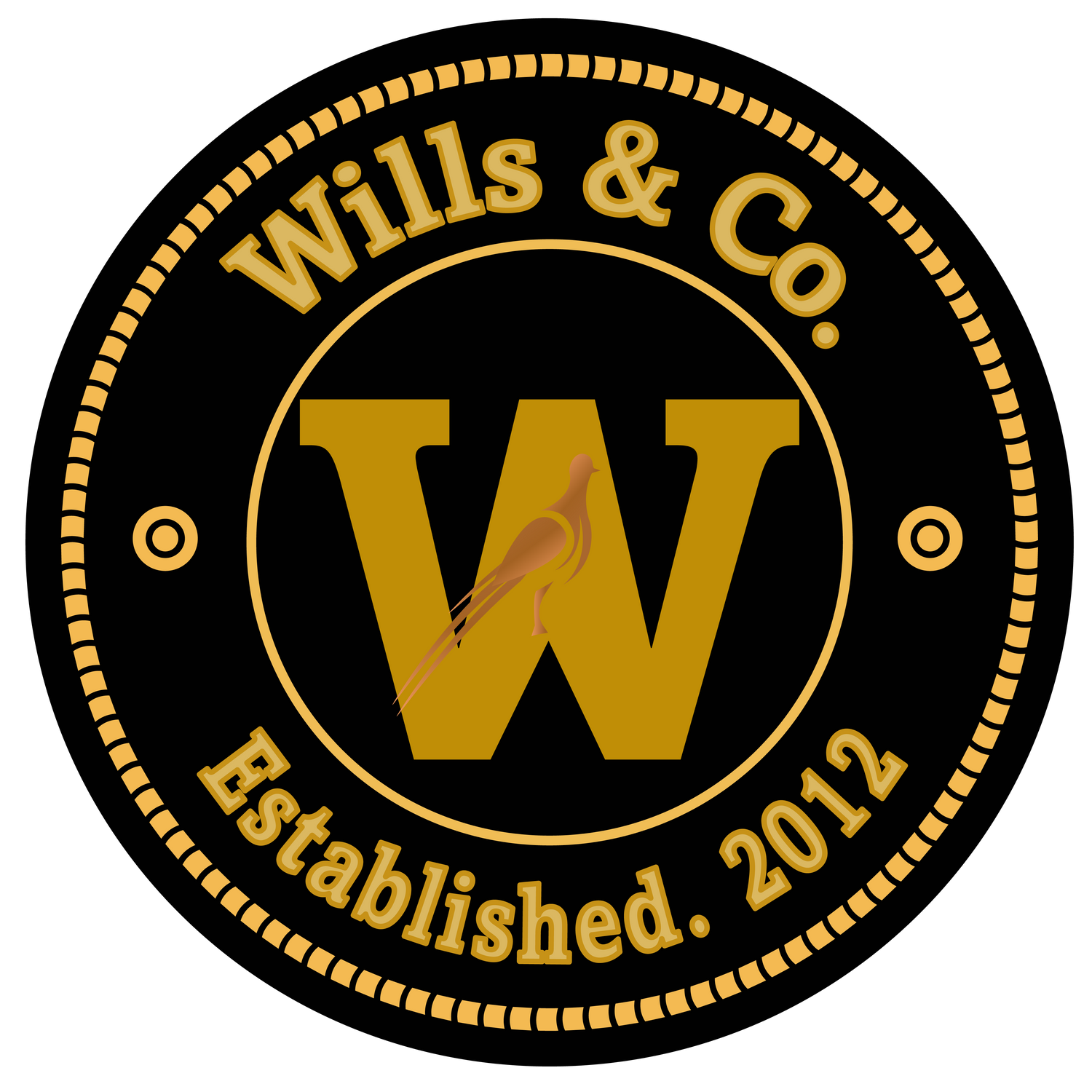 The logo is a circle with a large W in the center.  A Pheasant is transposed atop of the centered W. The color pallet is Black mustard and tan.  Wills & Co. and Established 2012 surround the Centered W.  small squares surround the later the wording.  